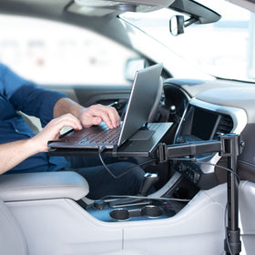 VIVO Single Laptop Car Mount side view highlights extended reach and adjustable tilt for comfort