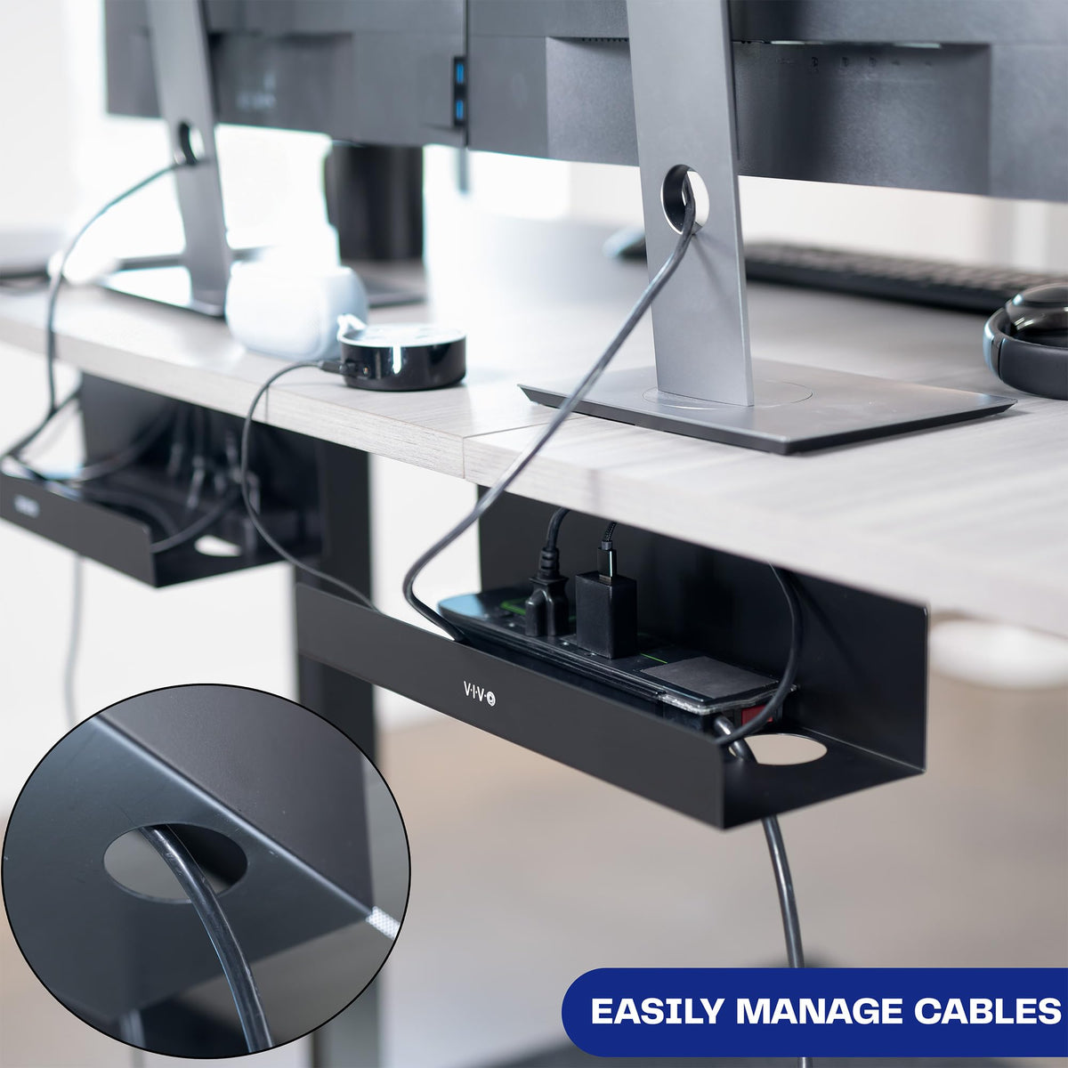 VIVO size comparison with a power strip showing fit for common surge protectors benefit