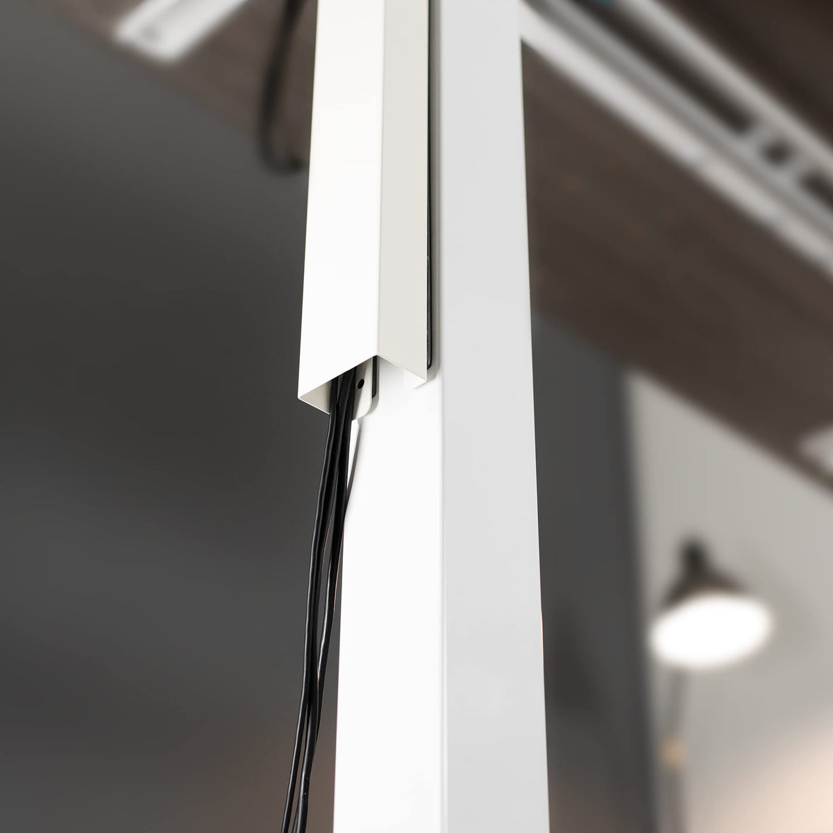 Sleek wire-management solution fits both regular and standing desks.