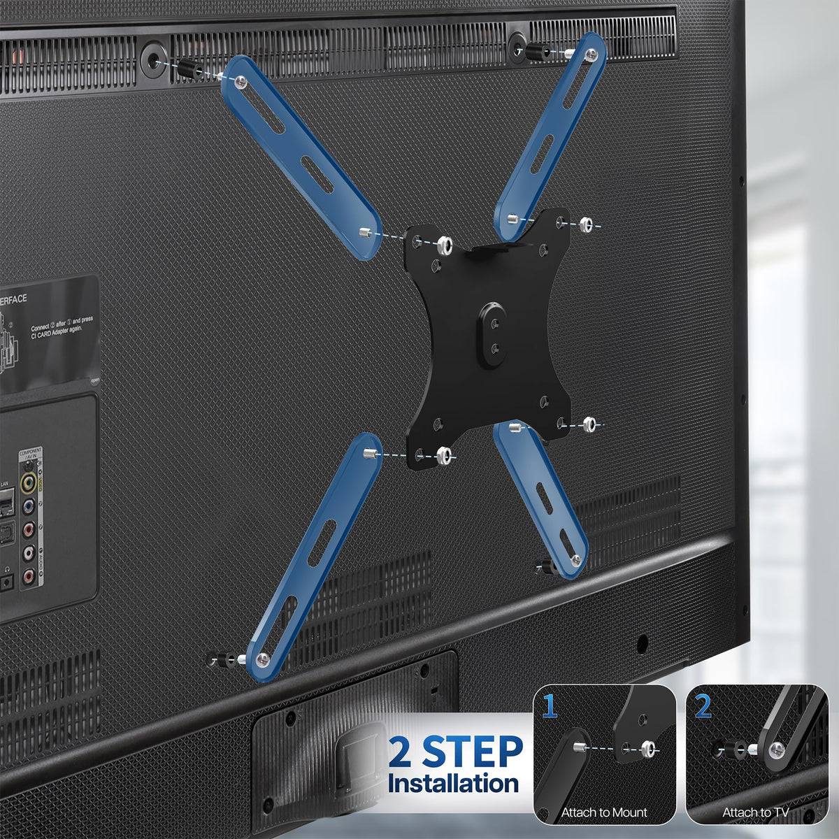 VIVO steel VESA extension brackets backside view reveals clean mount integration.