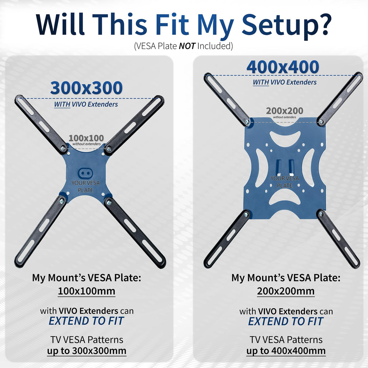 VIVO steel VESA extension brackets compatibility view for adapting 100x100 to 300x300.