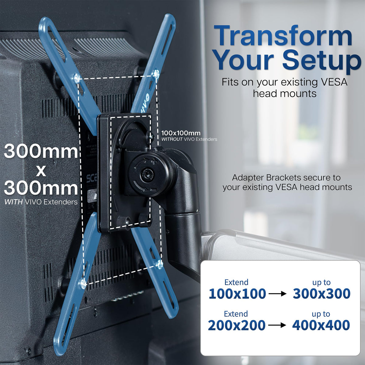 VIVO steel VESA extension brackets low-profile black finish minimizes bulk.
