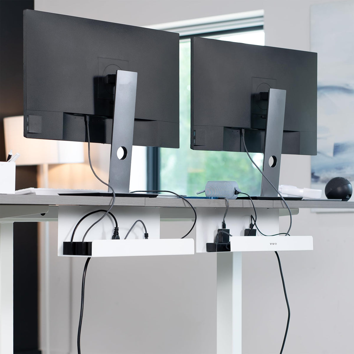 VIVO tray dual desk setup organizes cords for two workstations cleanly