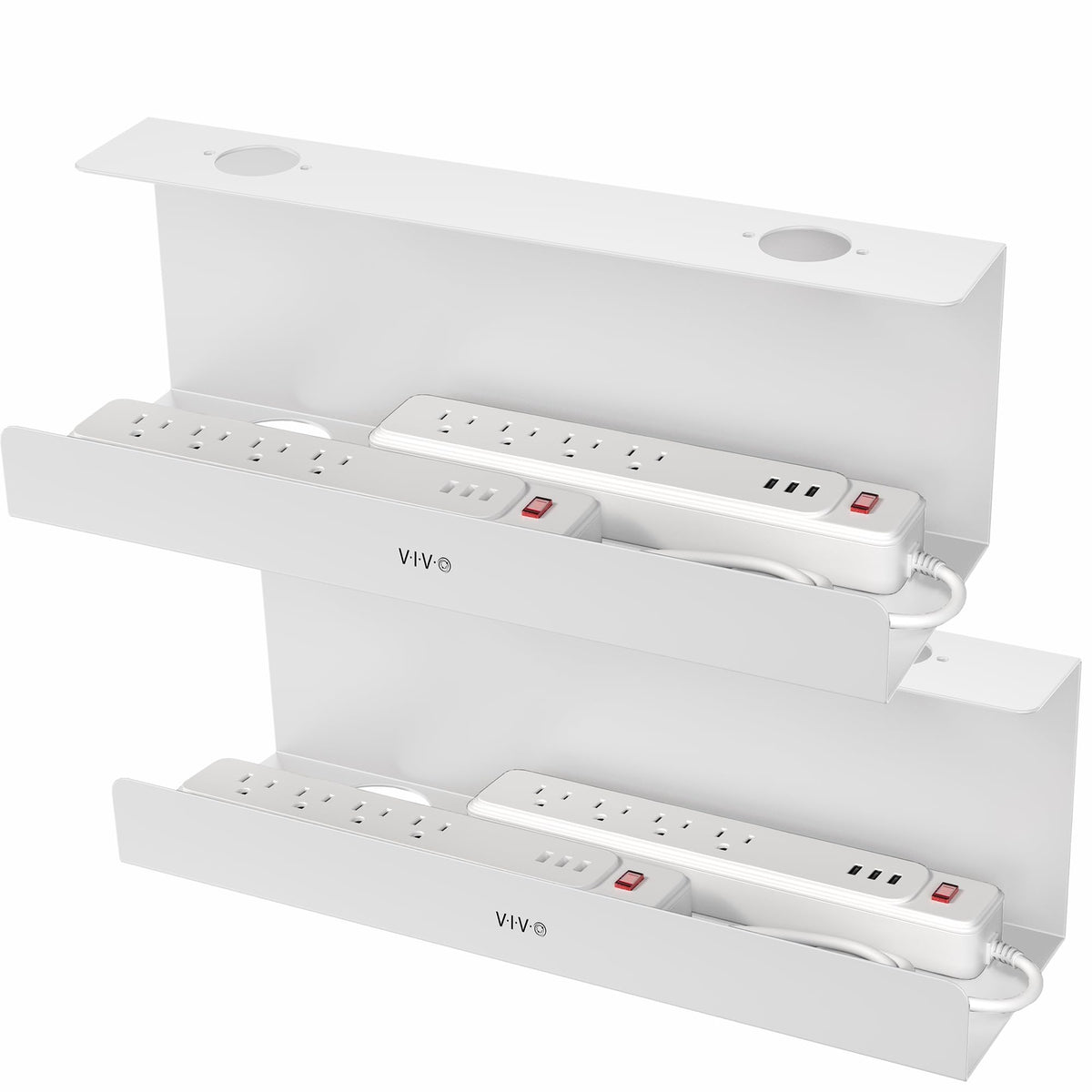 VIVO tray front packaging shows two white under-desk holders for tidy cables