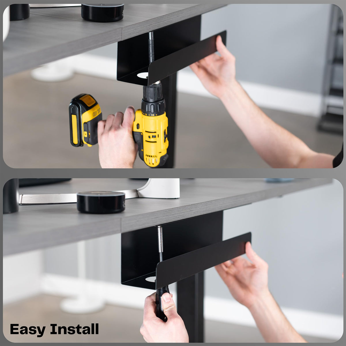 VIVO dual-mounted trays under long desk separating power and data cables benefit