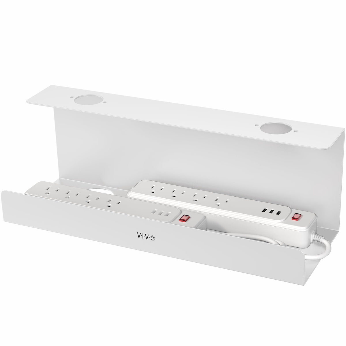 VIVO front view of tray showing tidy concealed cables and neat desk benefit