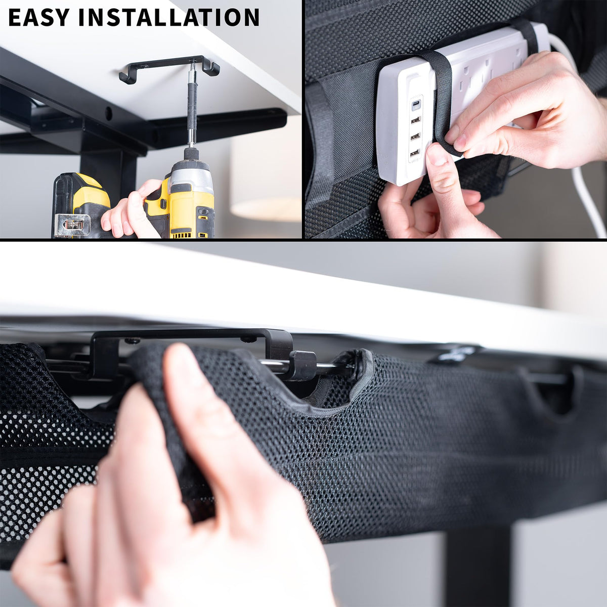 VIVO angled view under desk demonstrating low-profile cord storage