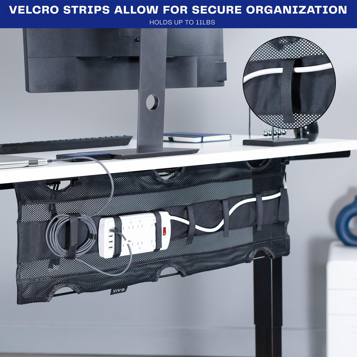 VIVO Velcro straps securing a power strip to prevent movement