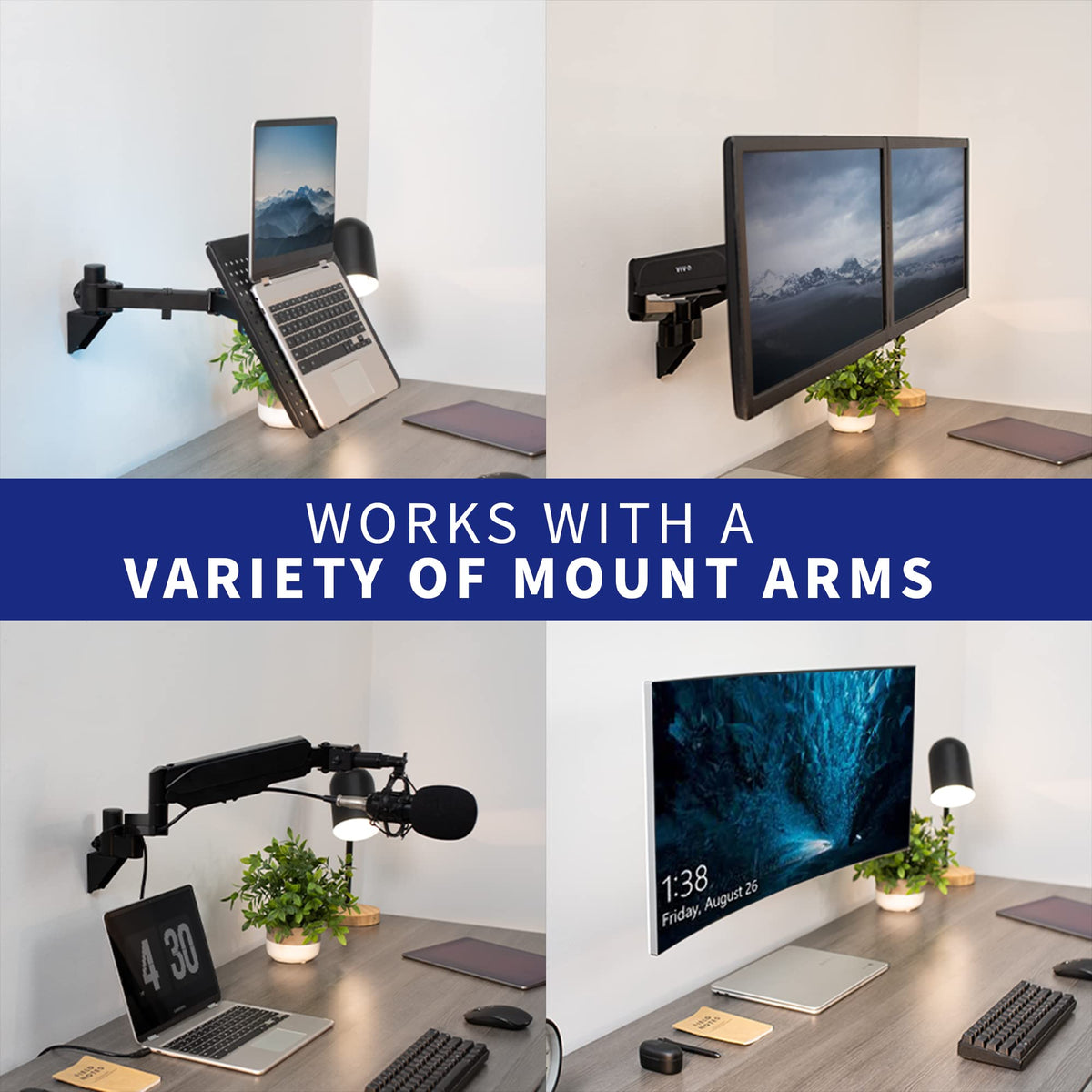 Pair with standalone arms for a customized wall-mounted workspace.