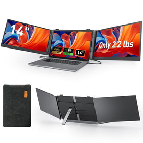 Vixtan triple-monitor setup closeup showing seamless on-the-go multi-screen productivity.