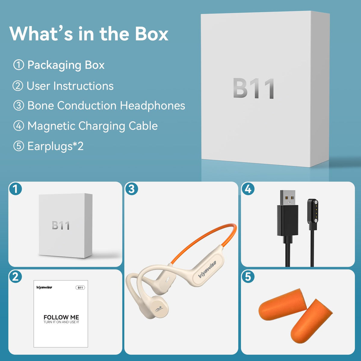 viyawise B11 packaging with earplugs manual and accessories included