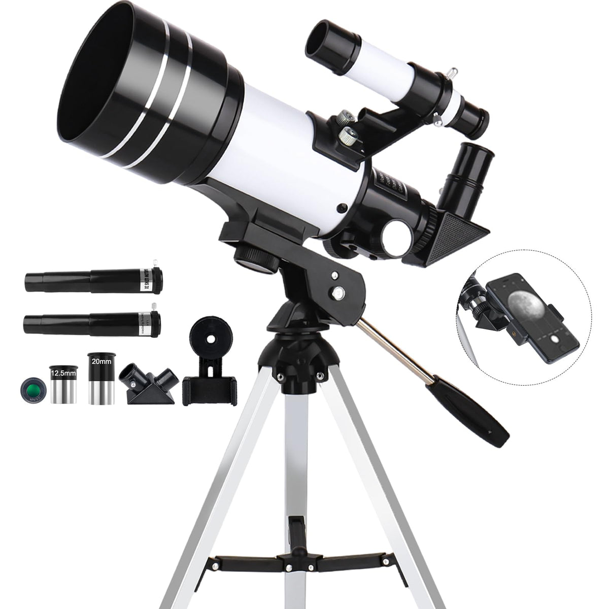 VJJB front packaging showing included telescope parts and benefit easy setup