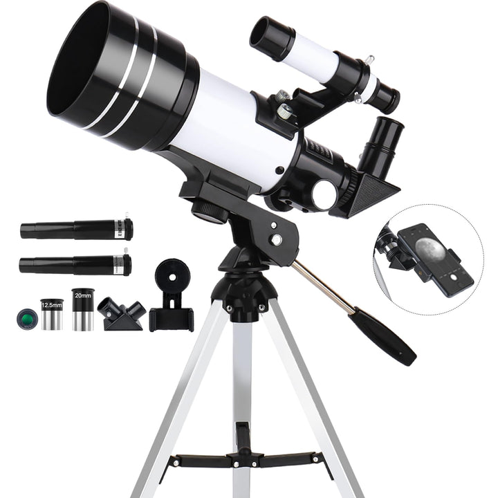 VJJB front packaging showing included telescope parts and benefit easy setup