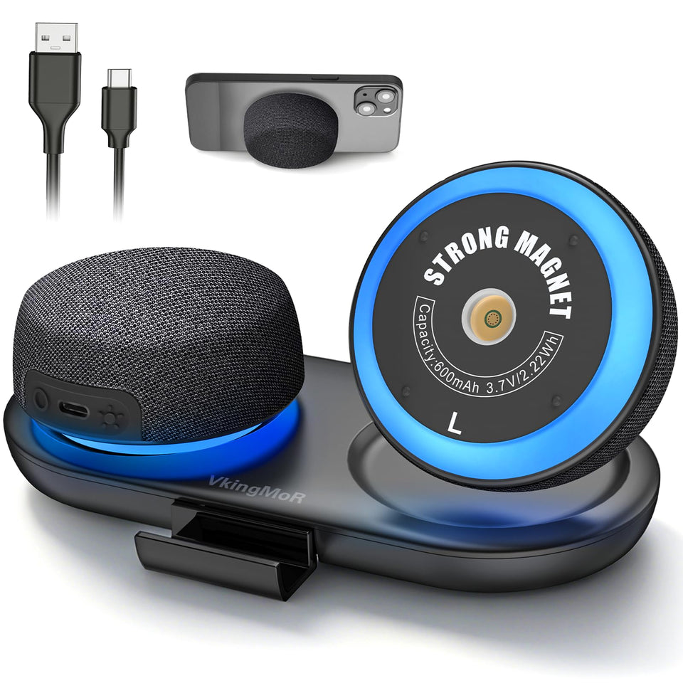 VkingMoR front view showing compact stereo speakers and benefits of clear sound