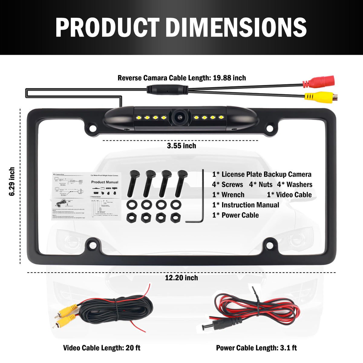 VKQTS backup camera 170° wide-angle lens covers broad rear view and reduces blind spots.
