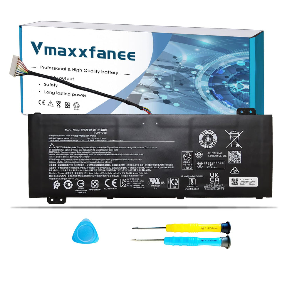 Vmaxxfanee front view of AP21D8M battery showing model and new condition benefit