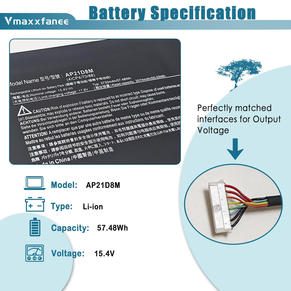 Vmaxxfanee battery top label close-up showing AP21D8M part number and easy verification