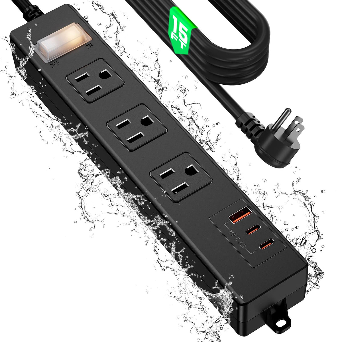 VNJ front-facing outdoor power strip showing ports and weatherproof design for safe outdoor use