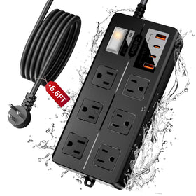 VNJ front view of outdoor power strip showing outlets and switch, reliable outdoor power