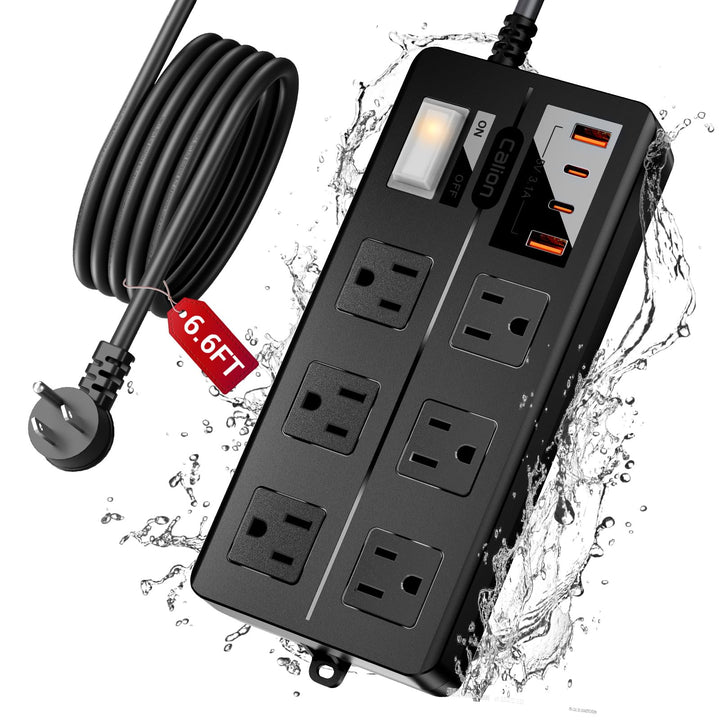 VNJ front view of outdoor power strip showing outlets and switch, reliable outdoor power