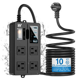 VNJ front view of weatherproof power strip showing sturdy housing and benefits