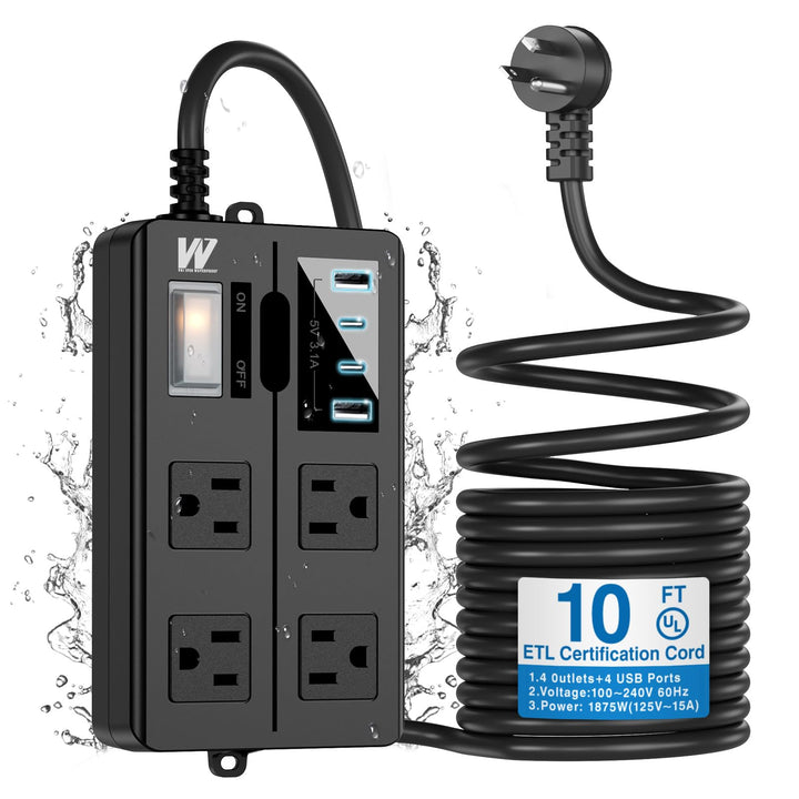 VNJ front view of weatherproof power strip showing sturdy housing and benefits