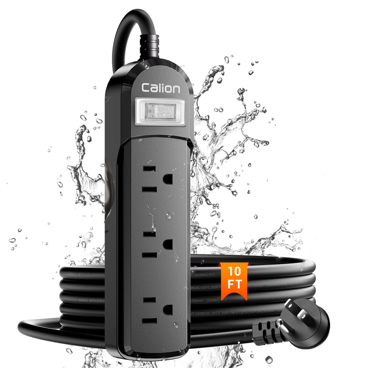 VNJ IPX6 waterproof outdoor surge protector with three outlets for rain-ready patio use.