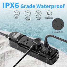 VNJ IPX6 outdoor surge protector with wide-spaced outlets for bulky plugs.