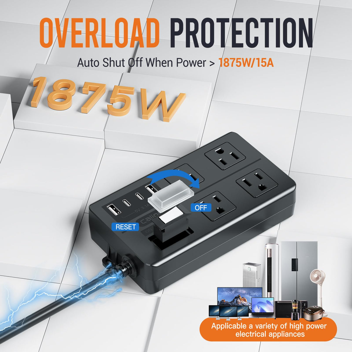 VNJ USB ports and power switch closeup for easy control and fast charging
