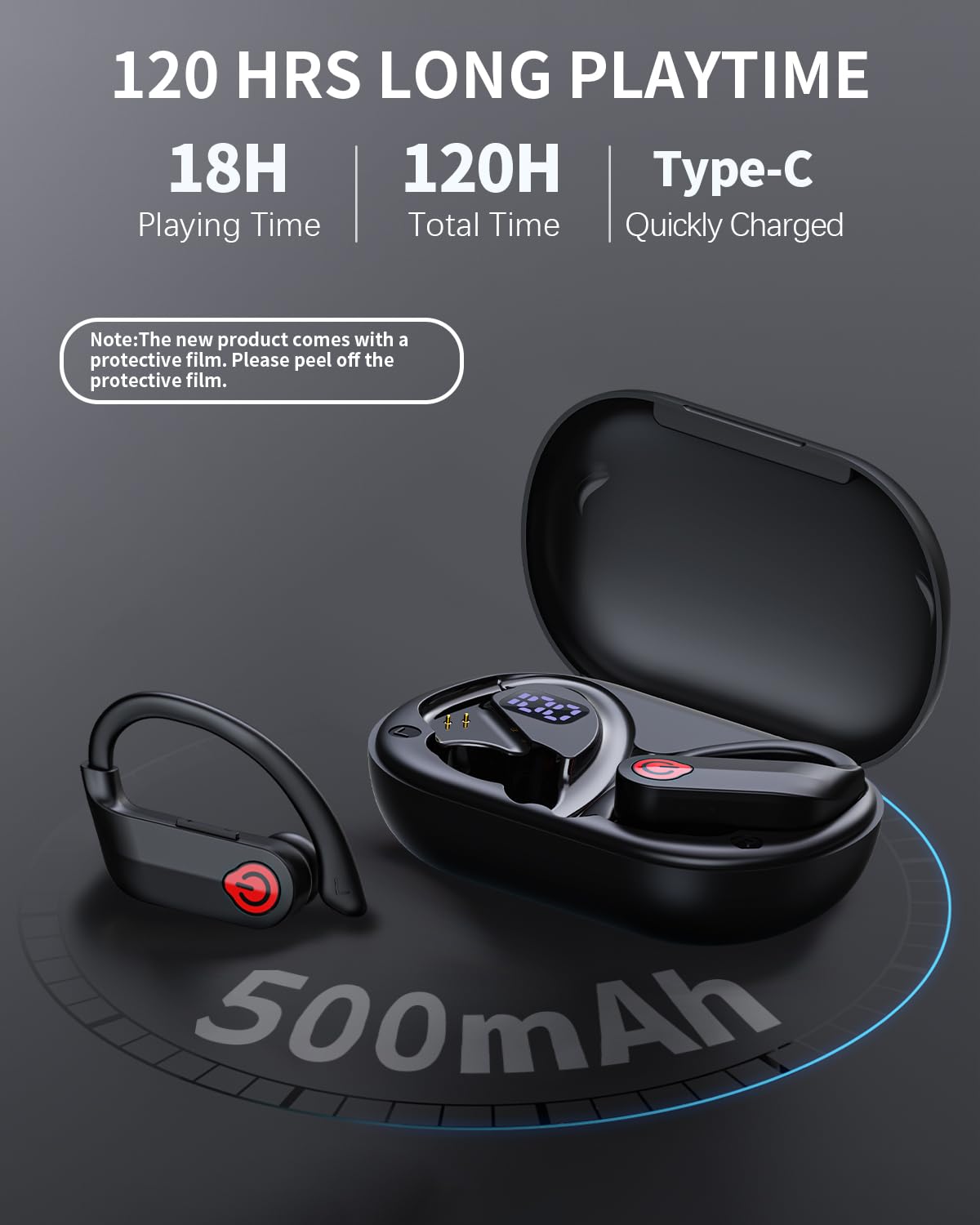 VNMN charging case LED display showing battery levels for case and earbuds, clear monitoring benefit