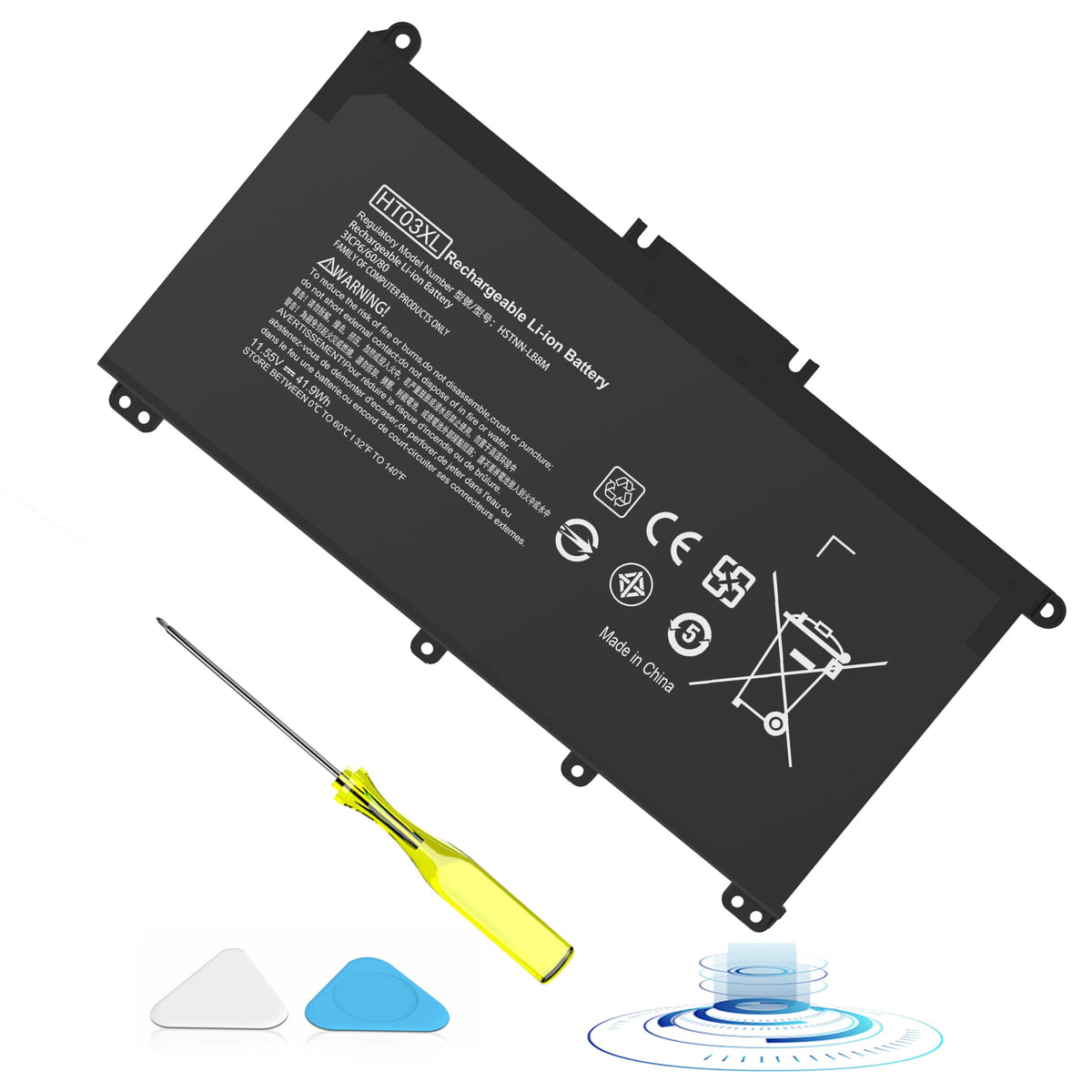 VNYUNQWE HT03XL battery pack on table, reliable power replacement for HP Pavilion laptops.