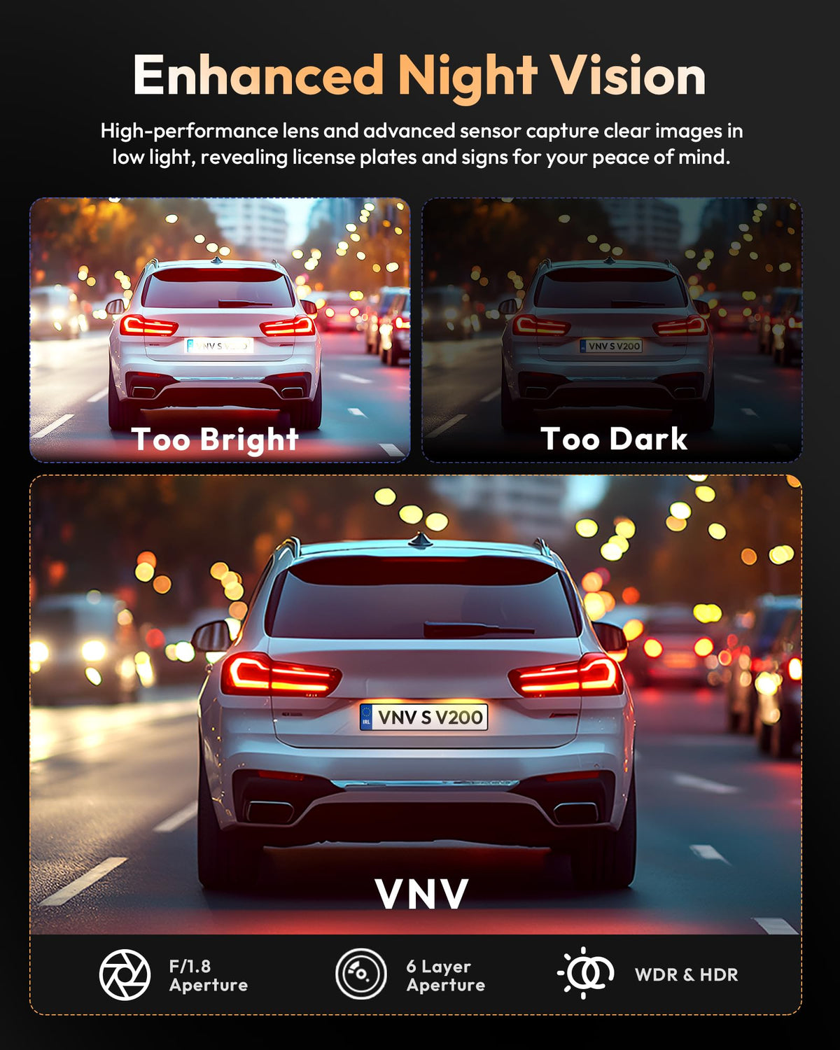 VNV dash cam wide-angle 170° captures more of the road.