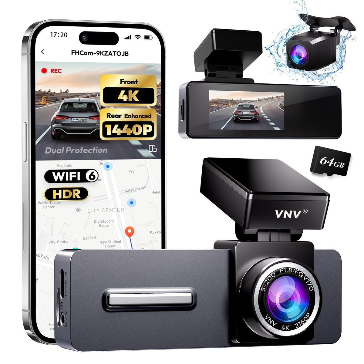 VNV dash cam front view in 4K for sharp highway detail and readable plates.