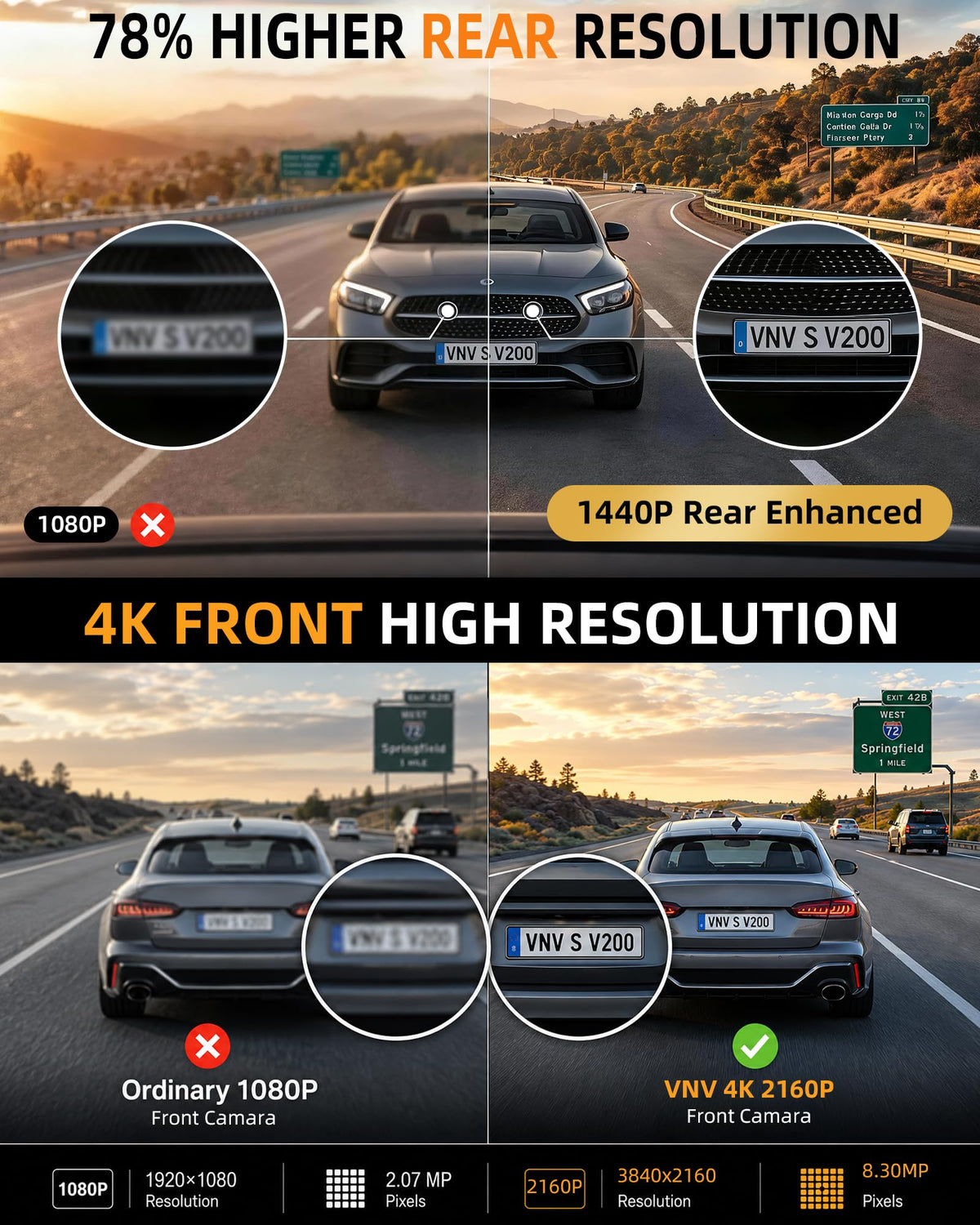 VNV rear dash cam in 2.5K captures clearer road signs and plates.