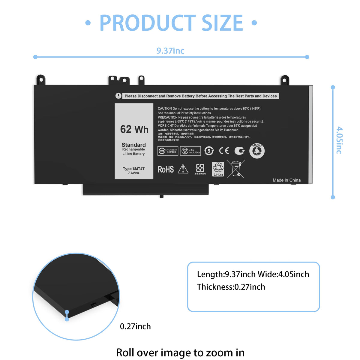 VNYUNQWE battery side profile showing slim dimensions for correct installation