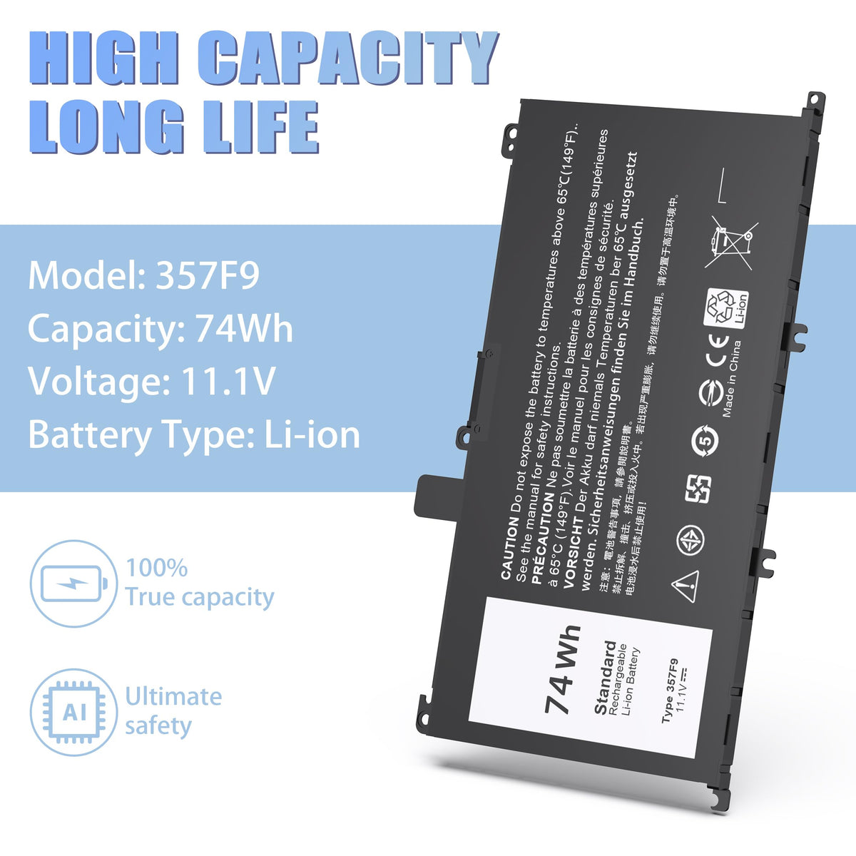 VNYUNQWE P65F001 battery for Dell; steady power with fast charging potential.