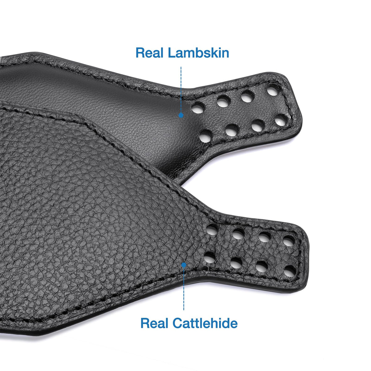 Voarmaks dual-sided leather close-up shows cattlehide and lambskin texture for durable comfort