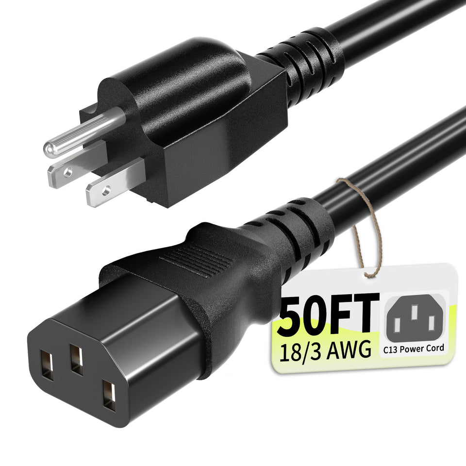 Vockjour 50ft power cord with copper conductors for reliable home theater and office power.