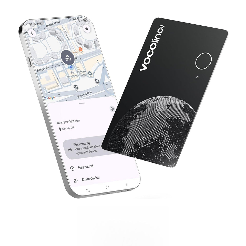 VOCOlinc Air Card Tag Pro dual-system setup for iOS and Android.