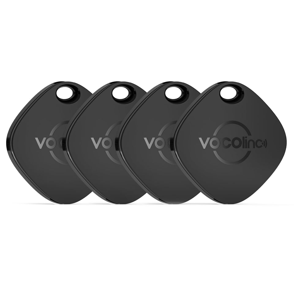 VOCOlinc Air Tracker Tags 4-pack in black to locate bags, keys, and wallets with Find My.