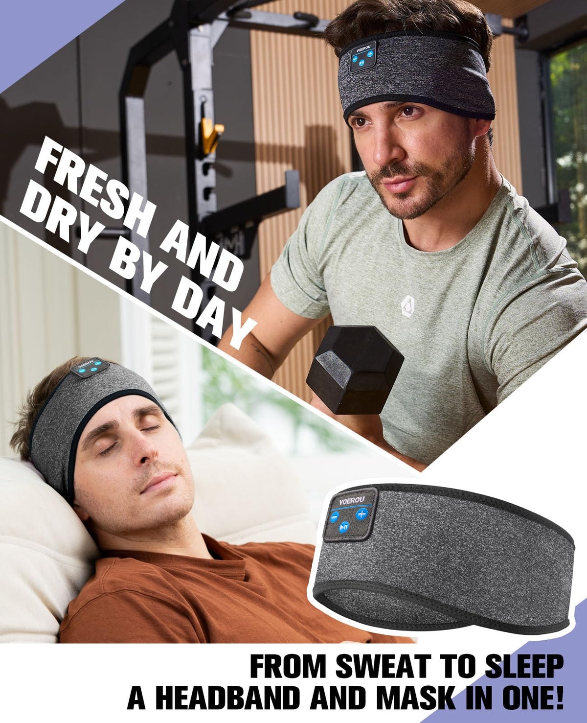 Voerou headband worn by side sleeper demonstrating pressure-free ear comfort