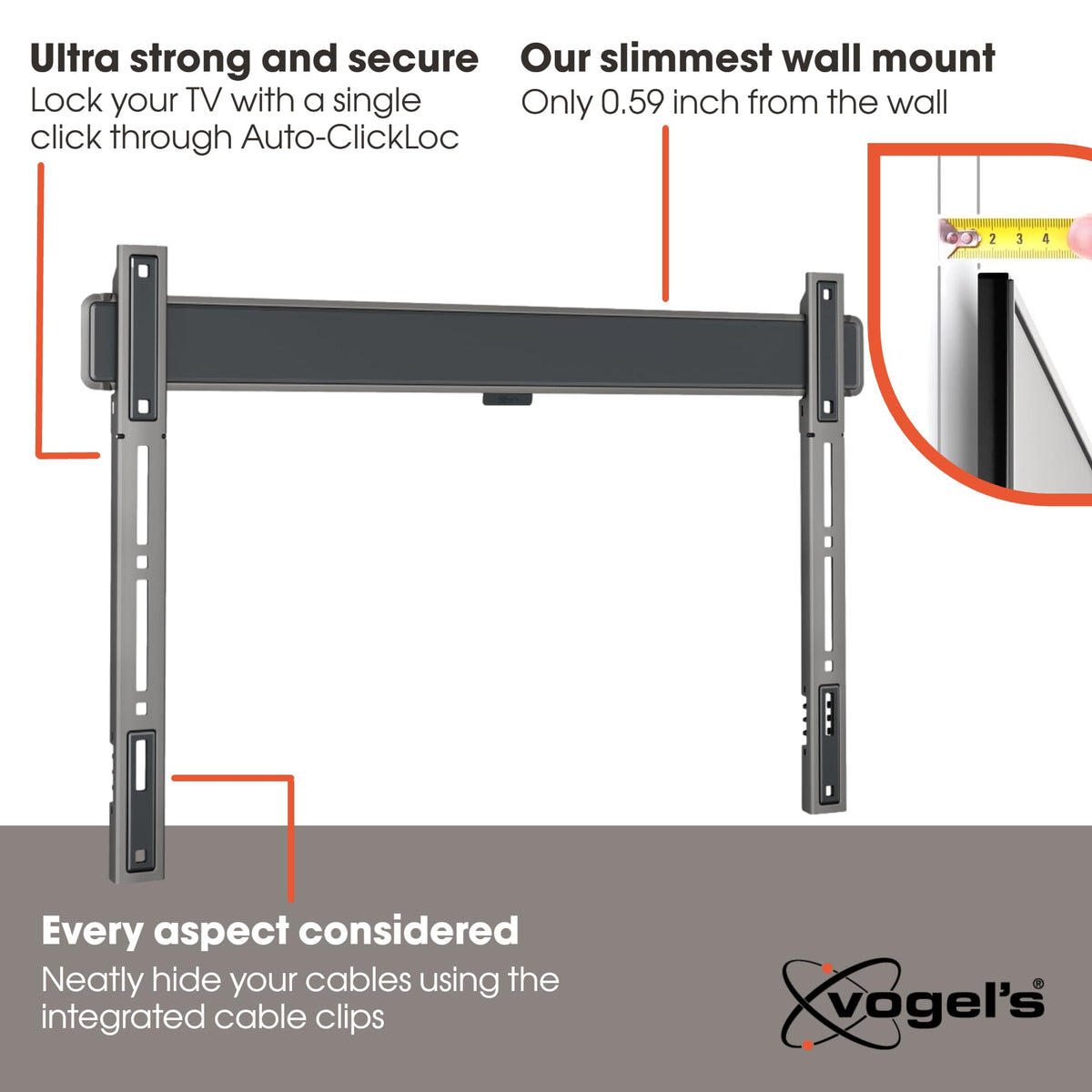 VESA compatibility supports up to 600 x 400 mm for OLED, QLED, and LCD TVs.