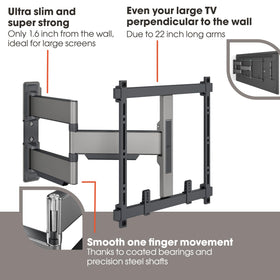 Vogel's ELITE Full-Motion+ features 22-inch arms for wide viewing angles.