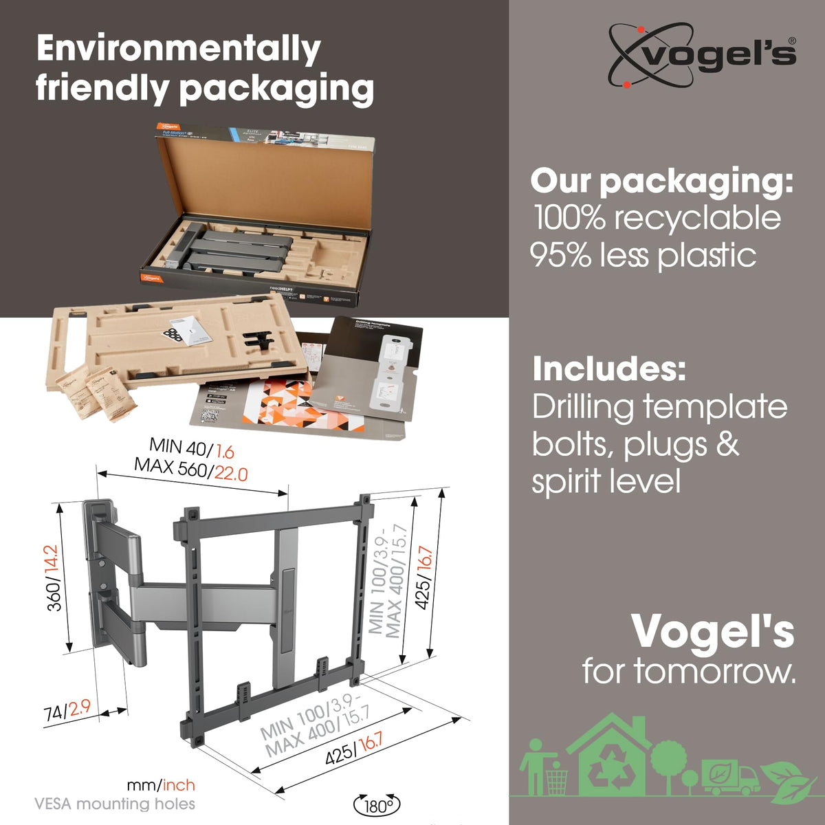 Vogel's ELITE Full-Motion+ supports 32 to 65 inch TVs from major brands.