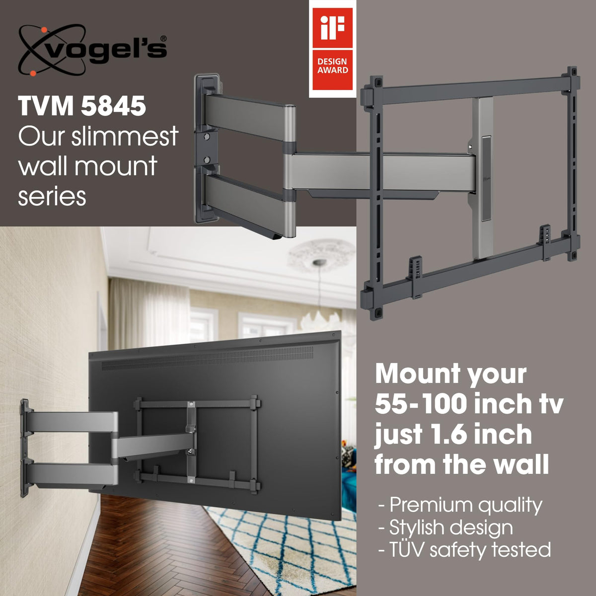 Vogel's ELITE mount compatible with 55–100 inch TVs across OLED and QLED.
