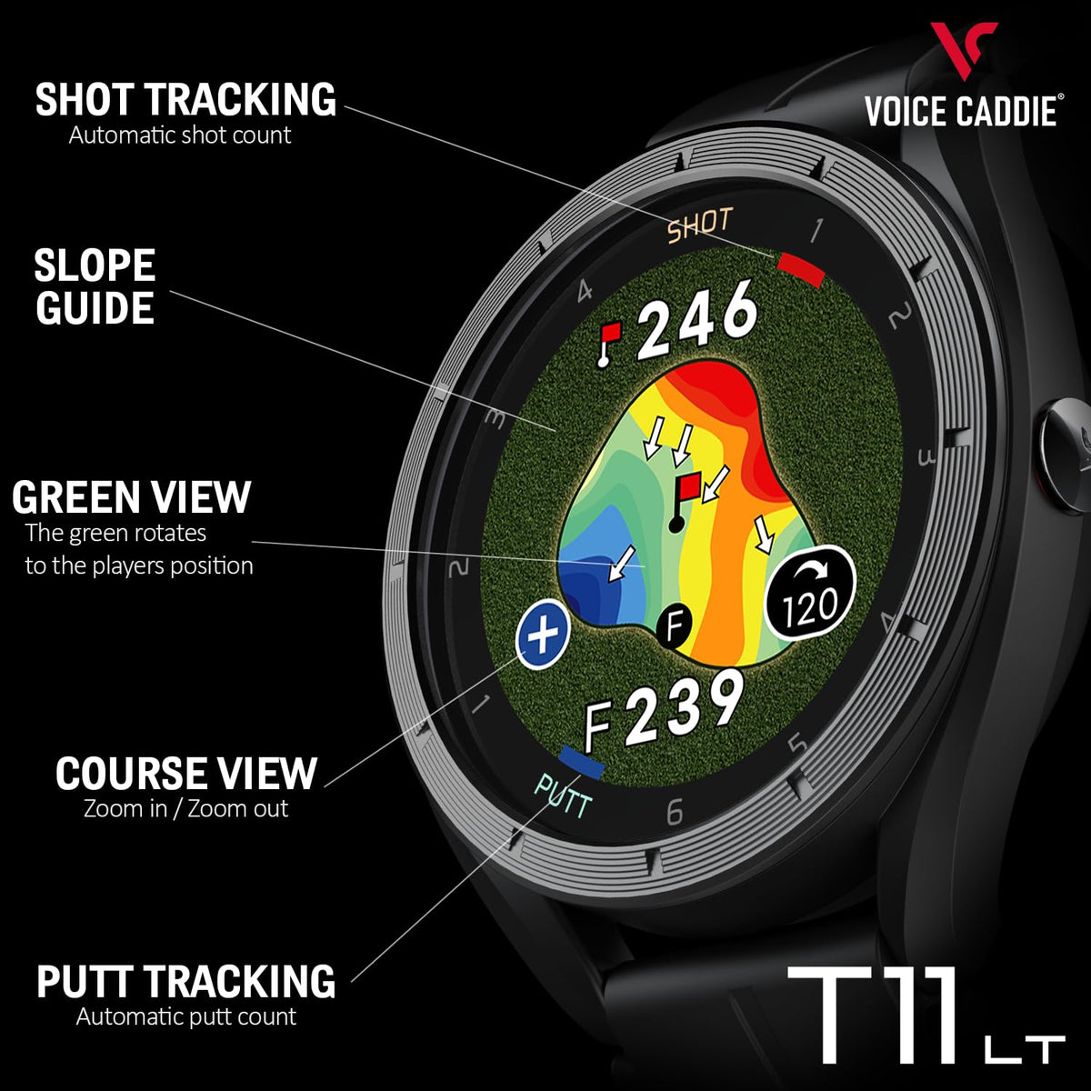 Voice Caddie T11 LT green undulation map highlights greens reading