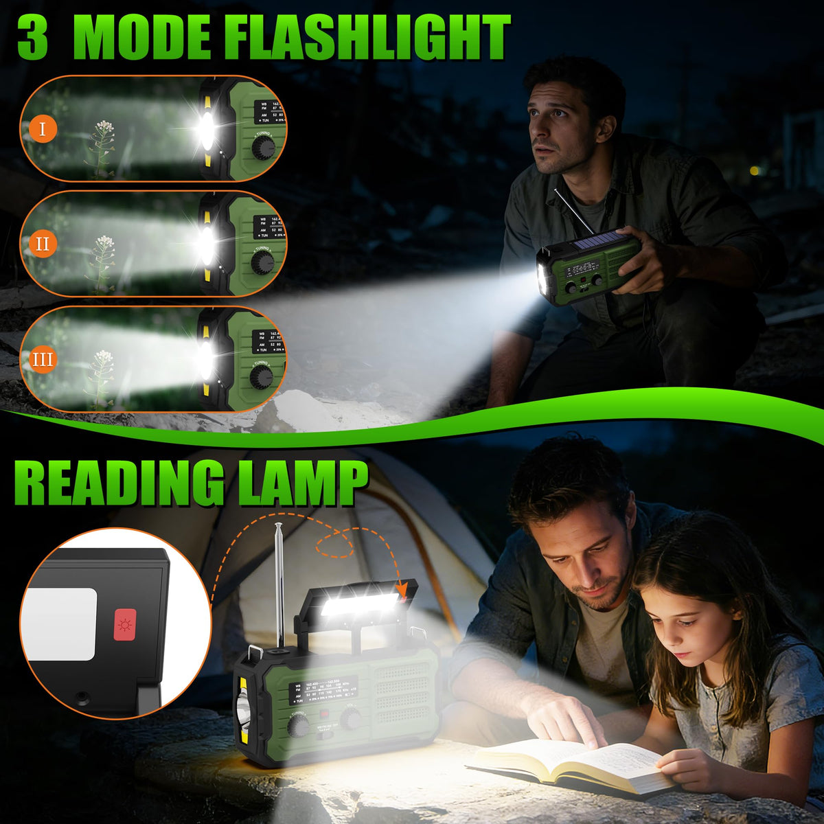 Vokida radio on a campsite table keeping campers informed and charged