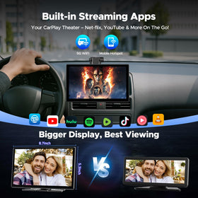 Volam 9-inch CarPlay screen side view highlights compact dashboard integration and ergonomic grip.