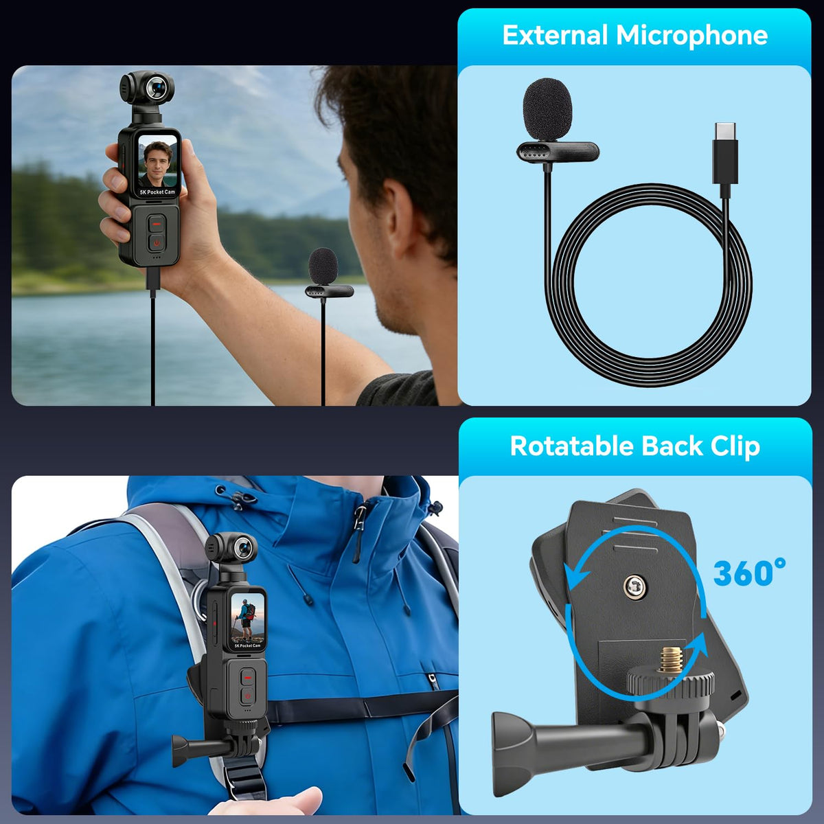 VOLAREON clipped to backpack strap for hands-free POV recording