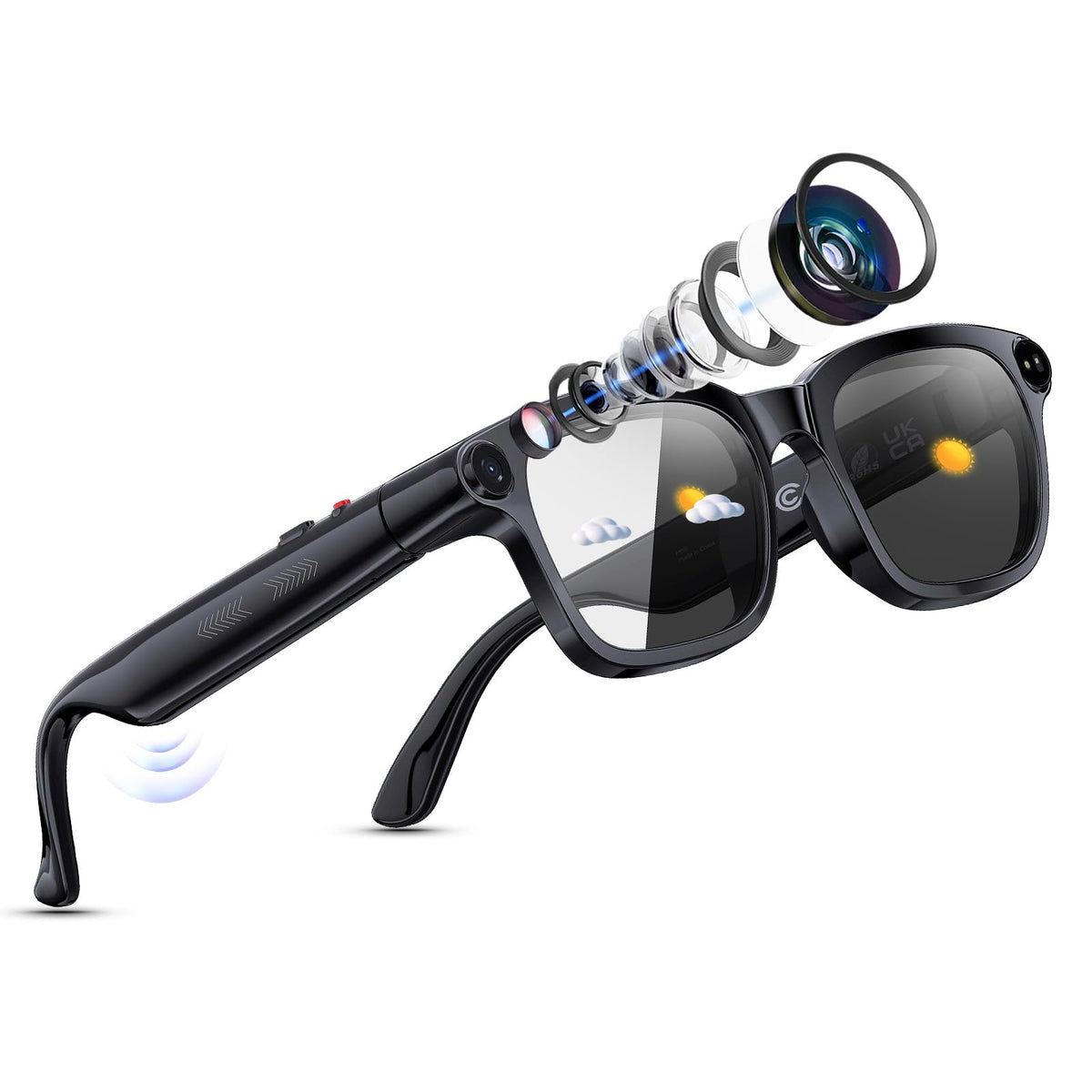 Voleeoa smart glasses with 8MP camera for hands-free video capture on the go.